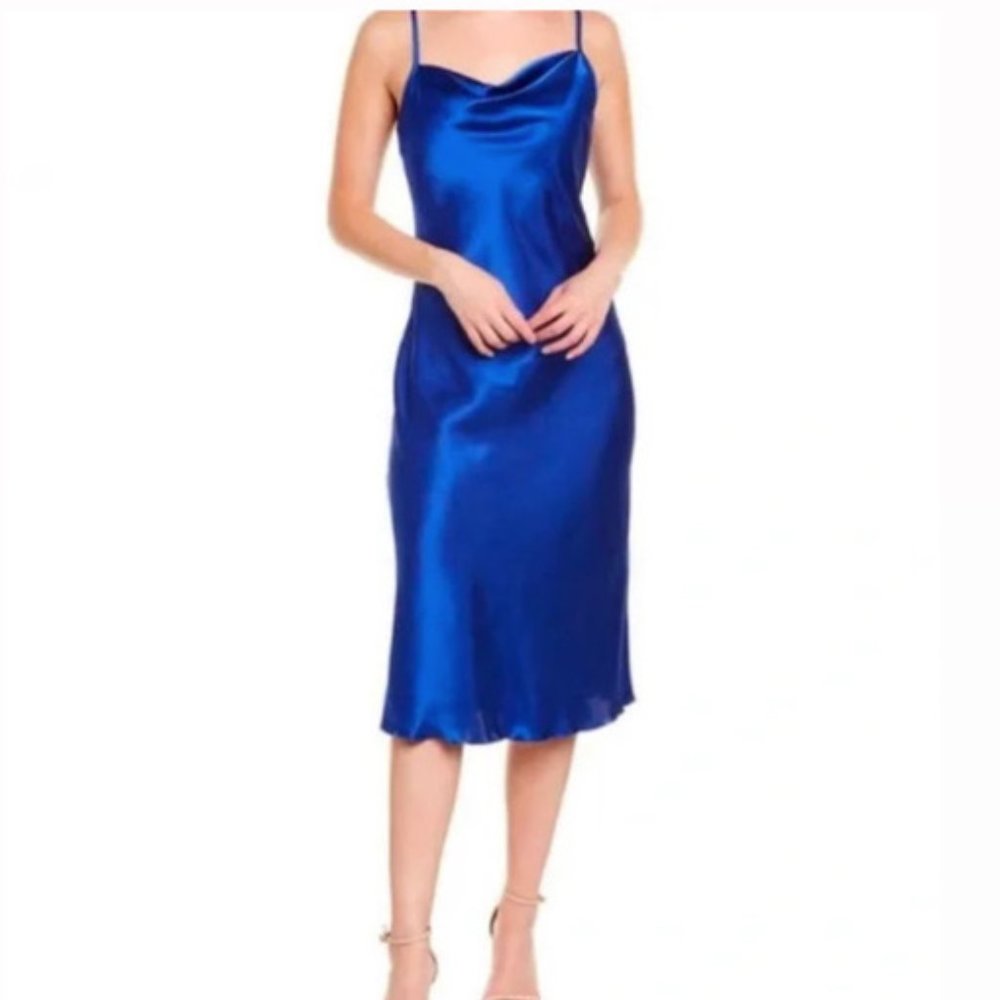 Bebe: SATIN COWL NECK SLIP MIDI DRESS, color royal blue, size S